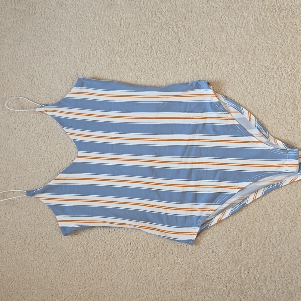 Blue and Yellow Striped Bodysuit with Plunging V-neckline